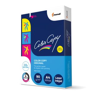 A stack of Mondi Colour Copy paper specifically designed for digital color laser printing.