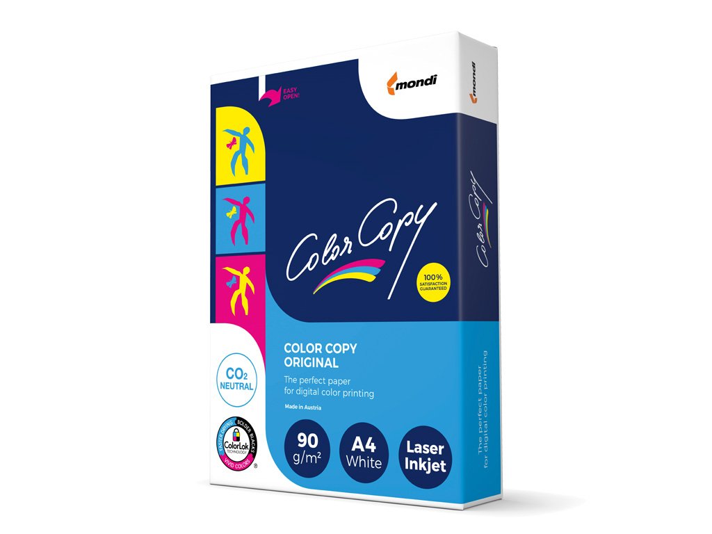 A stack of Mondi Colour Copy paper specifically designed for digital color laser printing.