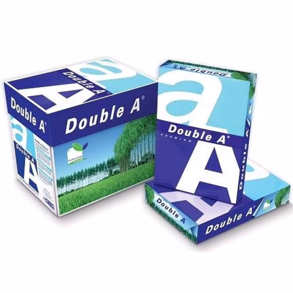 A ream of Double A premium copy paper in its iconic blue and white packaging.