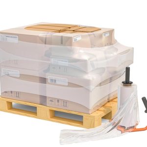 A roll of clear hand stretch film used for wrapping a pallet of goods.