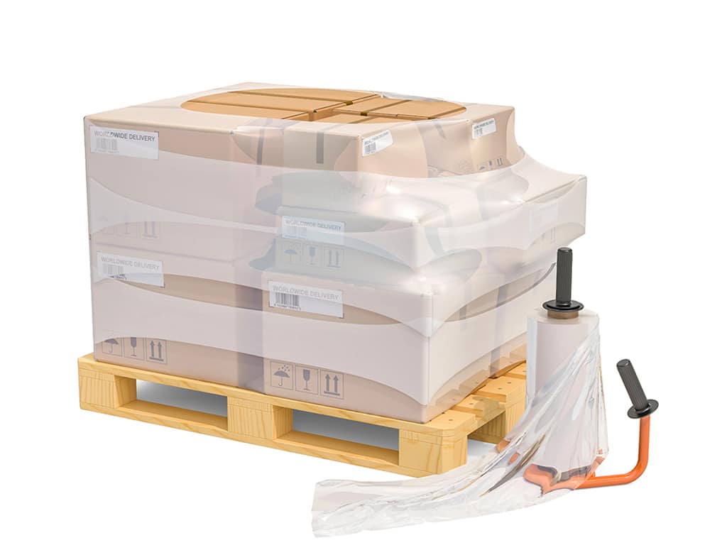 A roll of clear hand stretch film used for wrapping a pallet of goods.