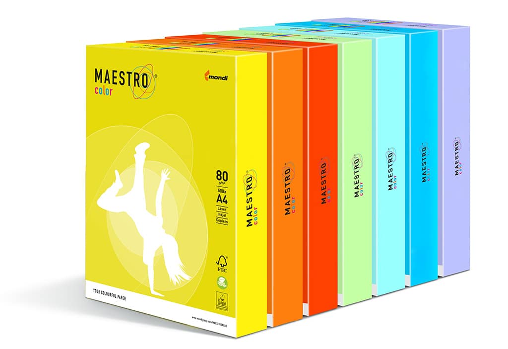 An array of Maestro Colour paper sheets in various vibrant pastel and neon shades.