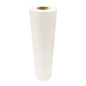 A roll of unprinted newsprint paper sheets with a characteristic off-white, matte finish.