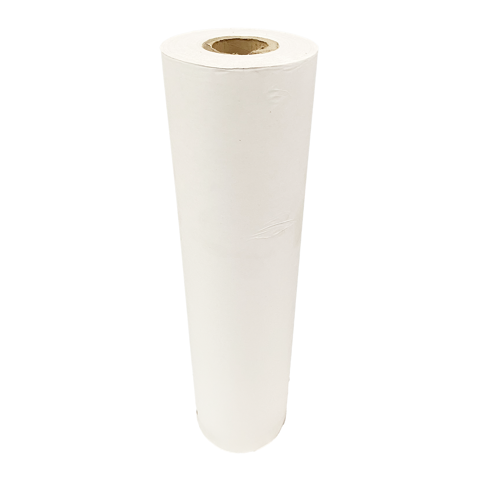 A roll of unprinted newsprint paper sheets with a characteristic off-white, matte finish.