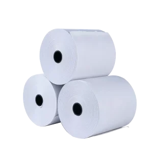A stack of white thermal paper rolls for point-of-sale receipt printers.