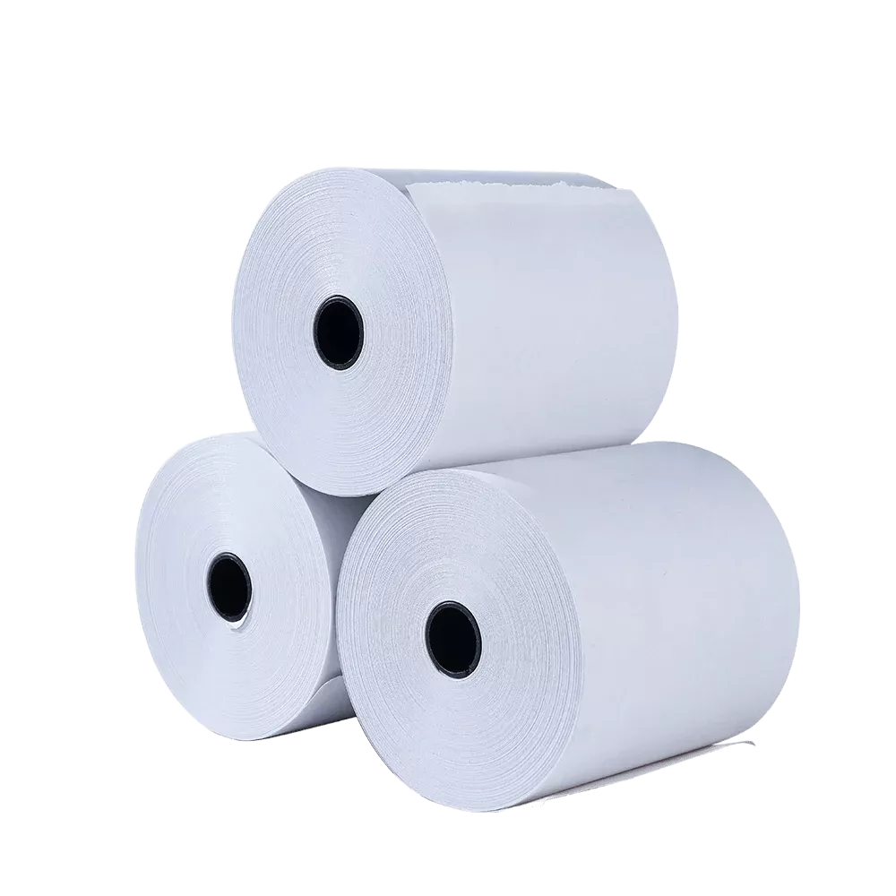 A stack of white thermal paper rolls for point-of-sale receipt printers.