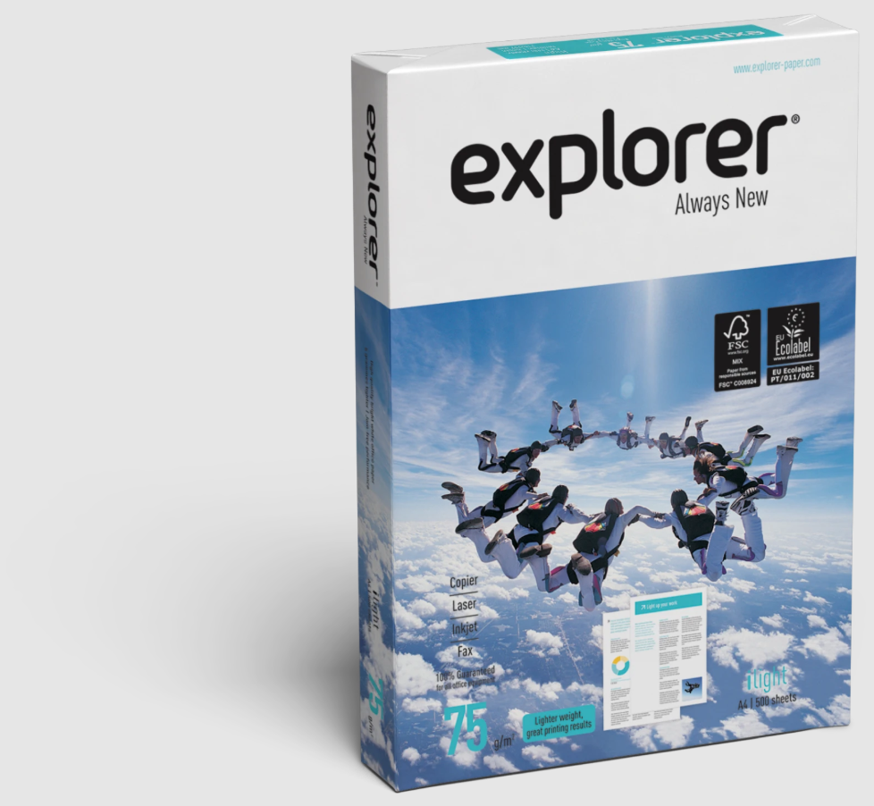 Explorer premium office paper showing a high-brightness, premium white multi-purpose printer sheet.
