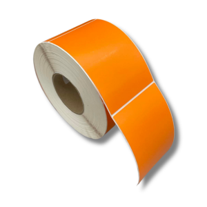Fluor Orange self-adhesive label material showing a bright neon orange fluorescent finish.