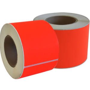High-visibility fluorescent red self-adhesive tape with a thick, heavy-duty pressure-sensitive backing for marking and warnings.