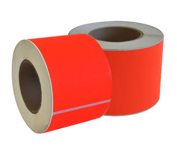 High-visibility fluorescent red self-adhesive tape with a thick, heavy-duty pressure-sensitive backing for marking and warnings.