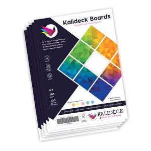 Kalideck White Board showing a rigid, high-caliper smooth uncoated white cardstock layout for folders and covers.
