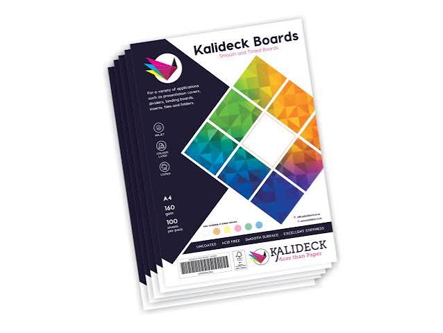 Kalideck White Board showing a rigid, high-caliper smooth uncoated white cardstock layout for folders and covers.