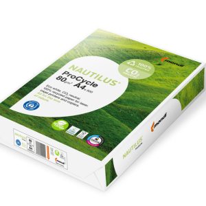 Nautilus ProCycle premium office paper manufactured from 100% post-consumer recycled fibers with a clean, natural white shade.