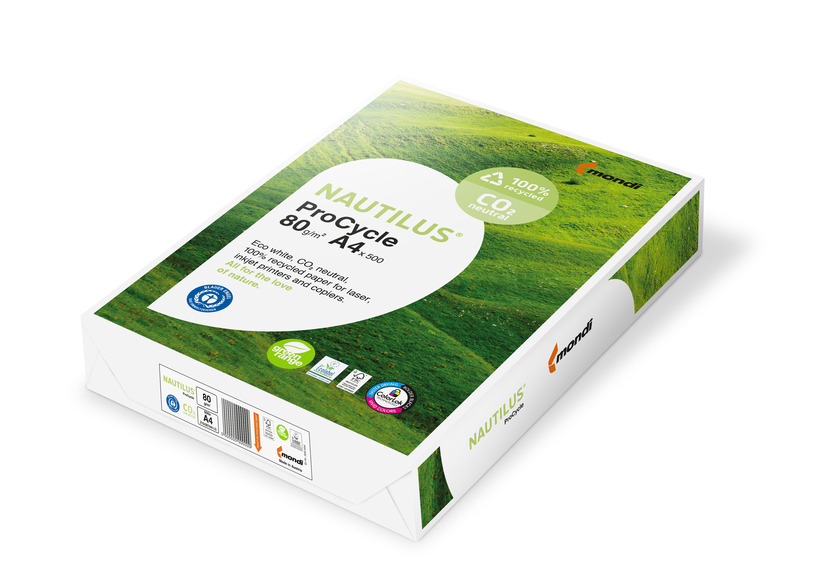Nautilus ProCycle premium office paper manufactured from 100% post-consumer recycled fibers with a clean, natural white shade.